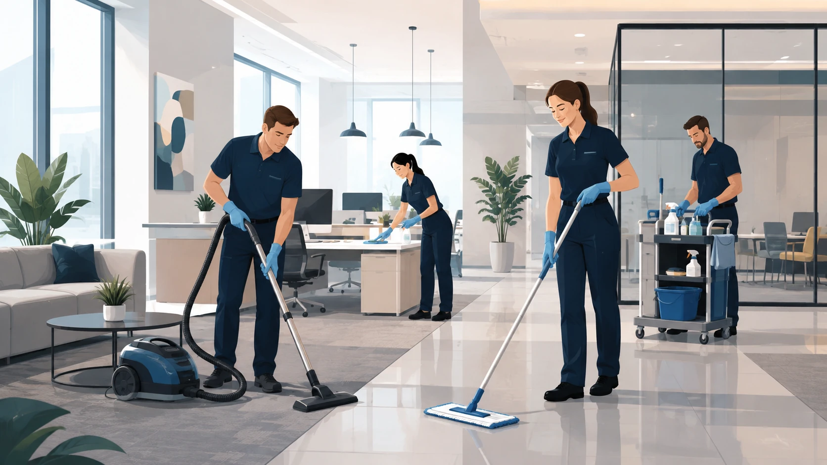 Professional cleaning team arriving with equipment