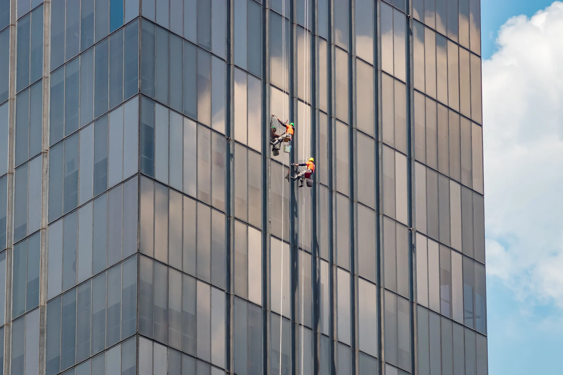 Professional window cleaners on a commercial building
